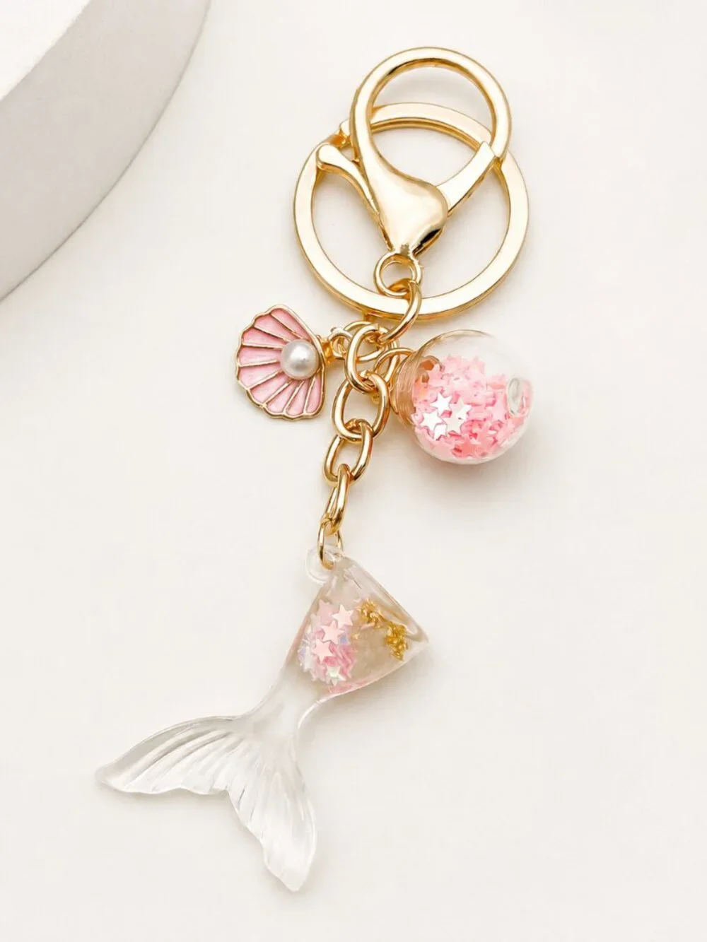 Mermaid‎ Tail Pink Enamel Keychain Bag Charm Faux Pearl Gold Plated Coastal NEW